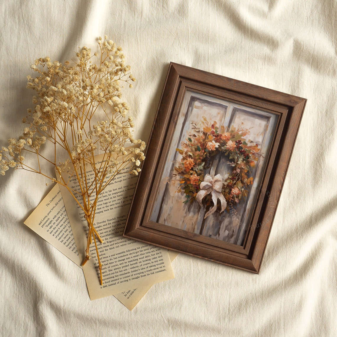 Fall Wreath with Bow on a Rustic Door Autumn Painting Poster - Image 2