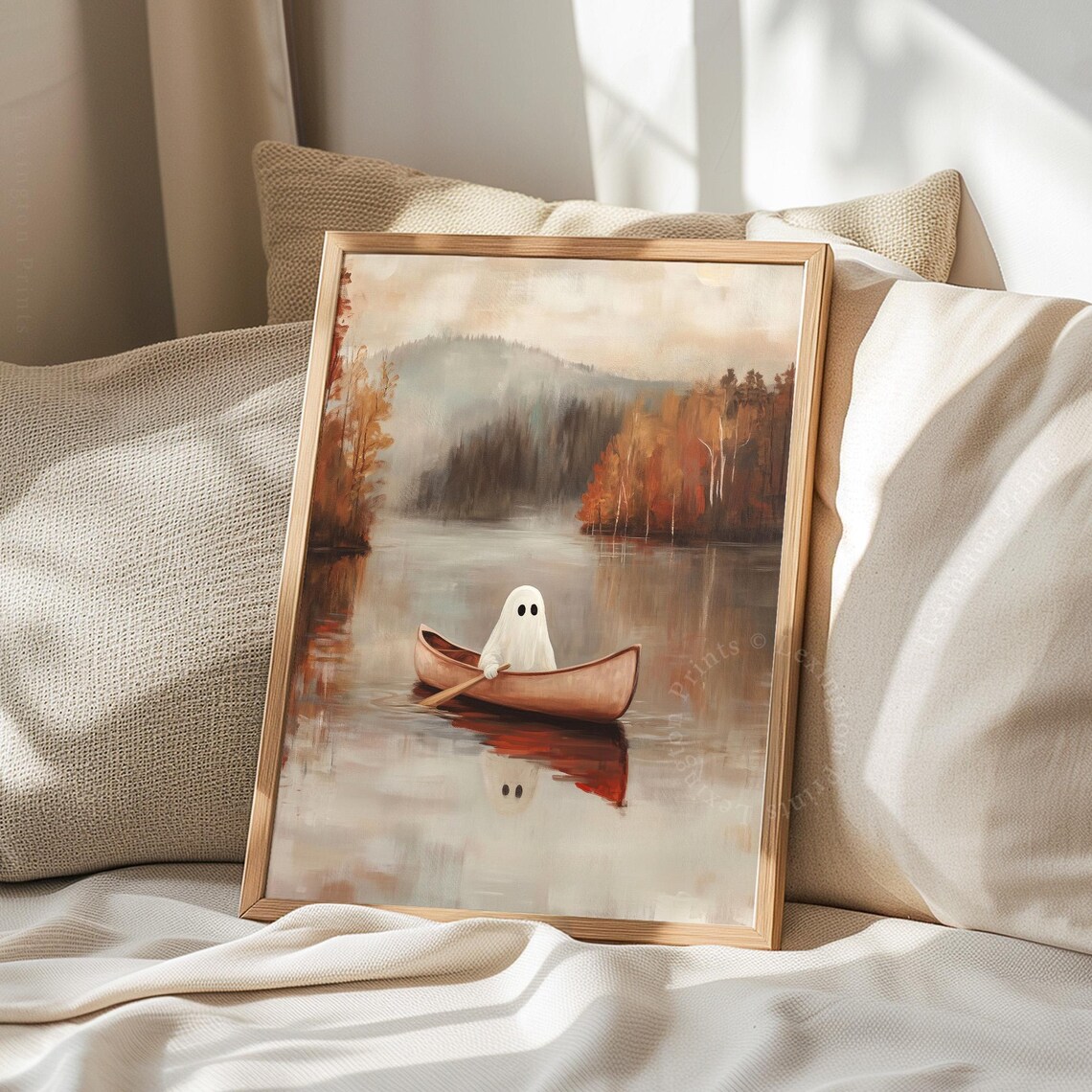 Cute Ghost Paddling Canoe Autumn Lake Oil Painting Halloween Fall Poster - Image 8