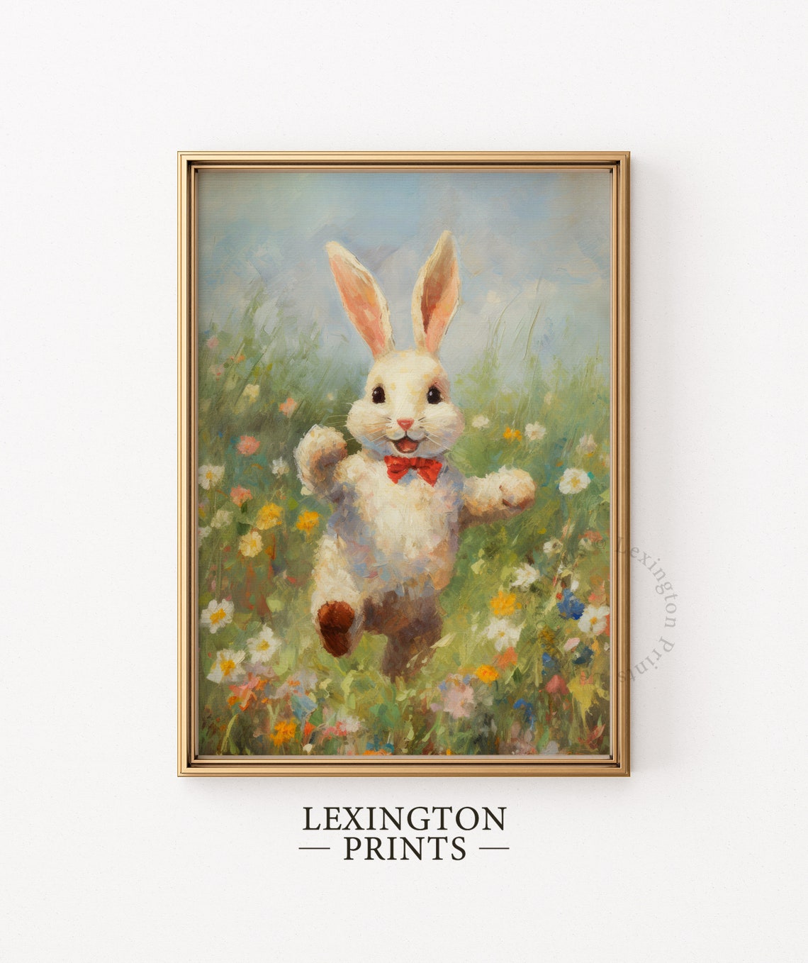 Cute Easter Bunny Red Bow Tie Wildflower Meadow Spring Nursery Poster - Image 6