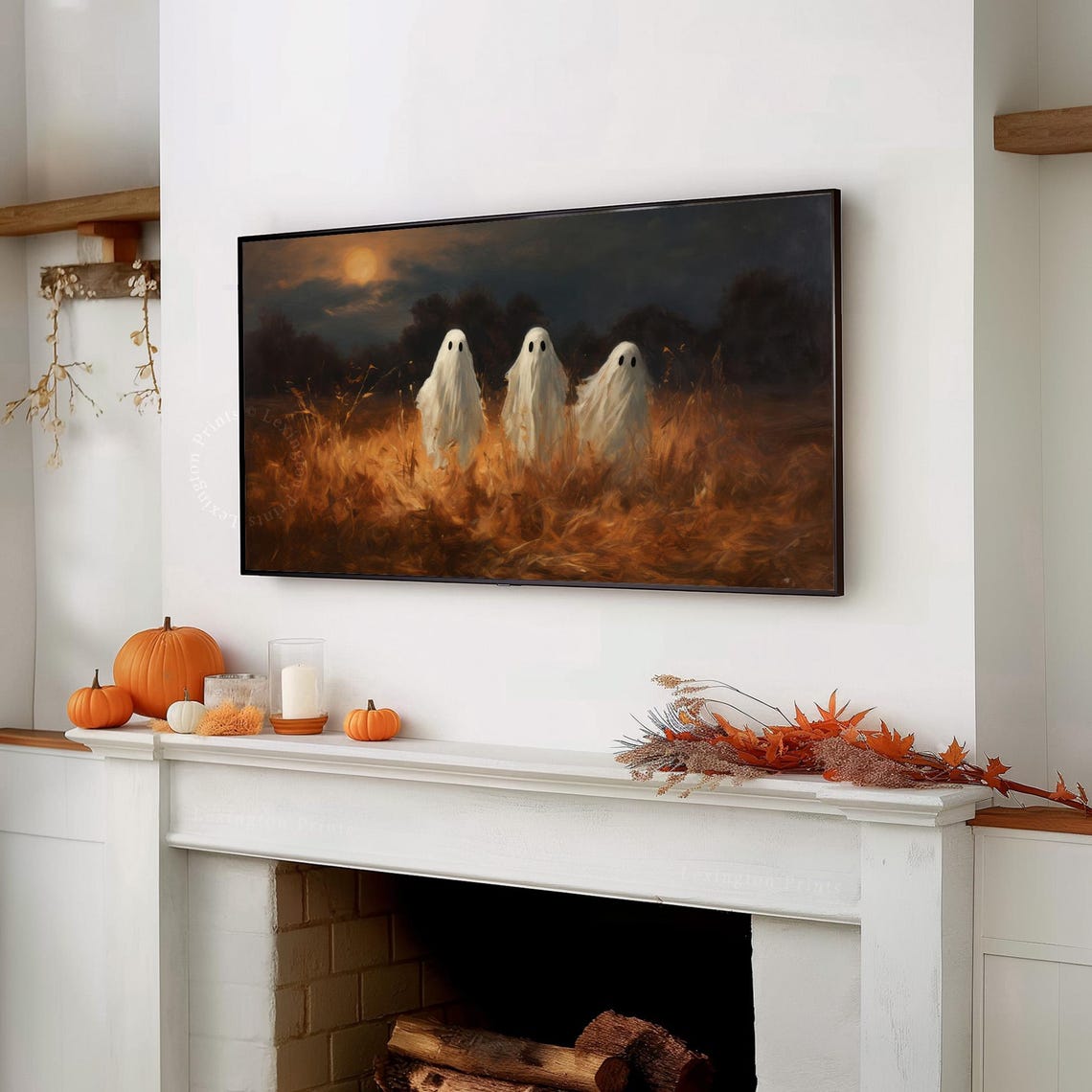 Three Cute Ghosts in Moonlit Golden Wheat Field Halloween Poster - Image 7
