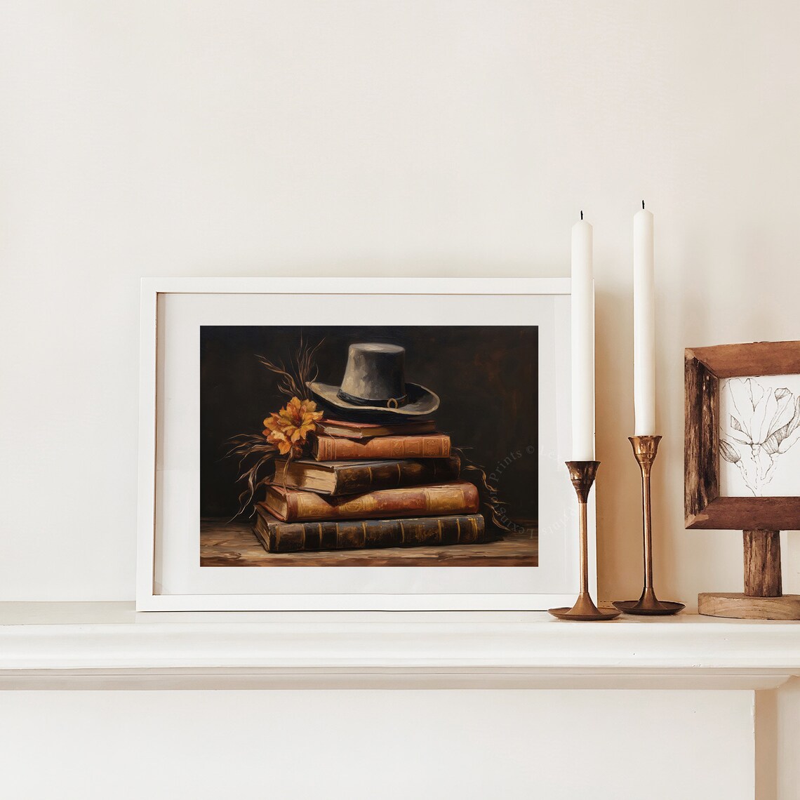 Pilgrim Hat on Stack of Old Books Vintage Fall Painting Poster - Image 5