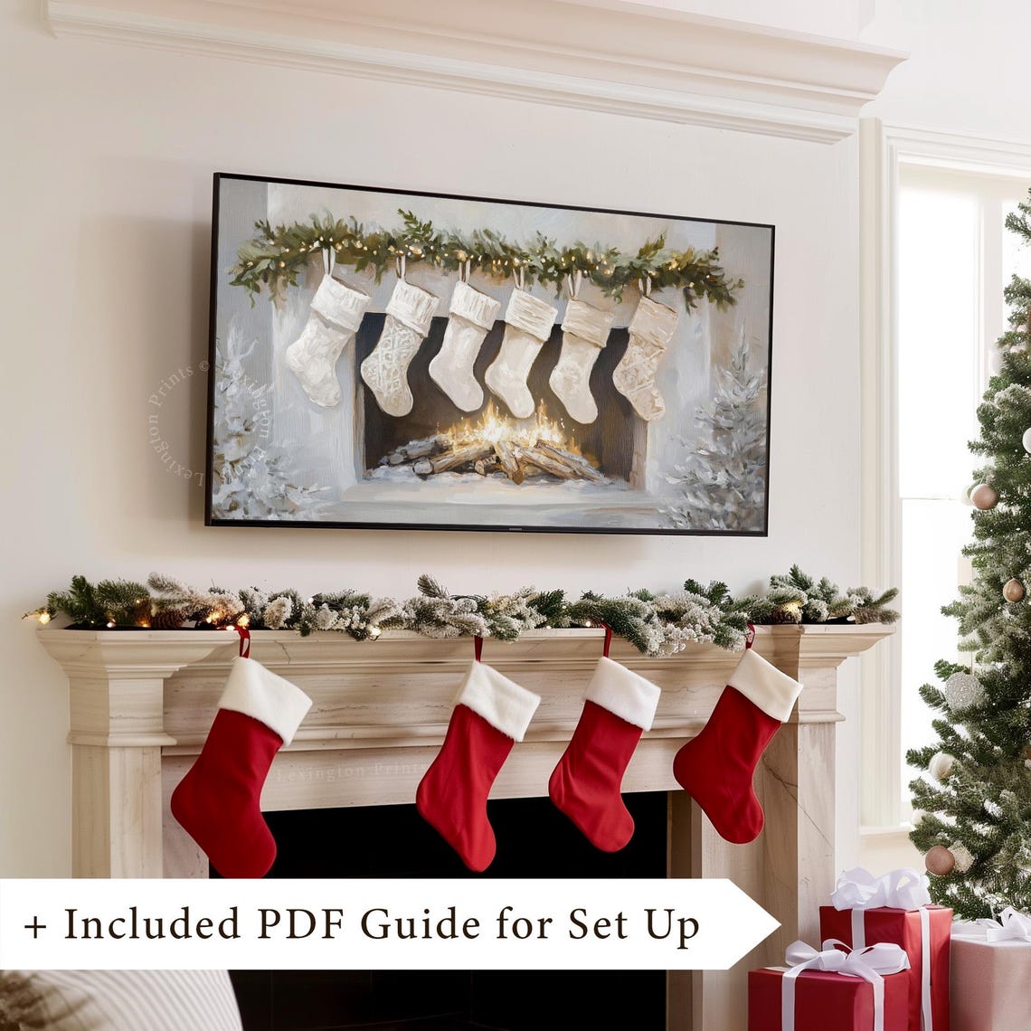 White Christmas Stockings Fireplace Mantel Neutral Holiday TV Poster - Image 8
