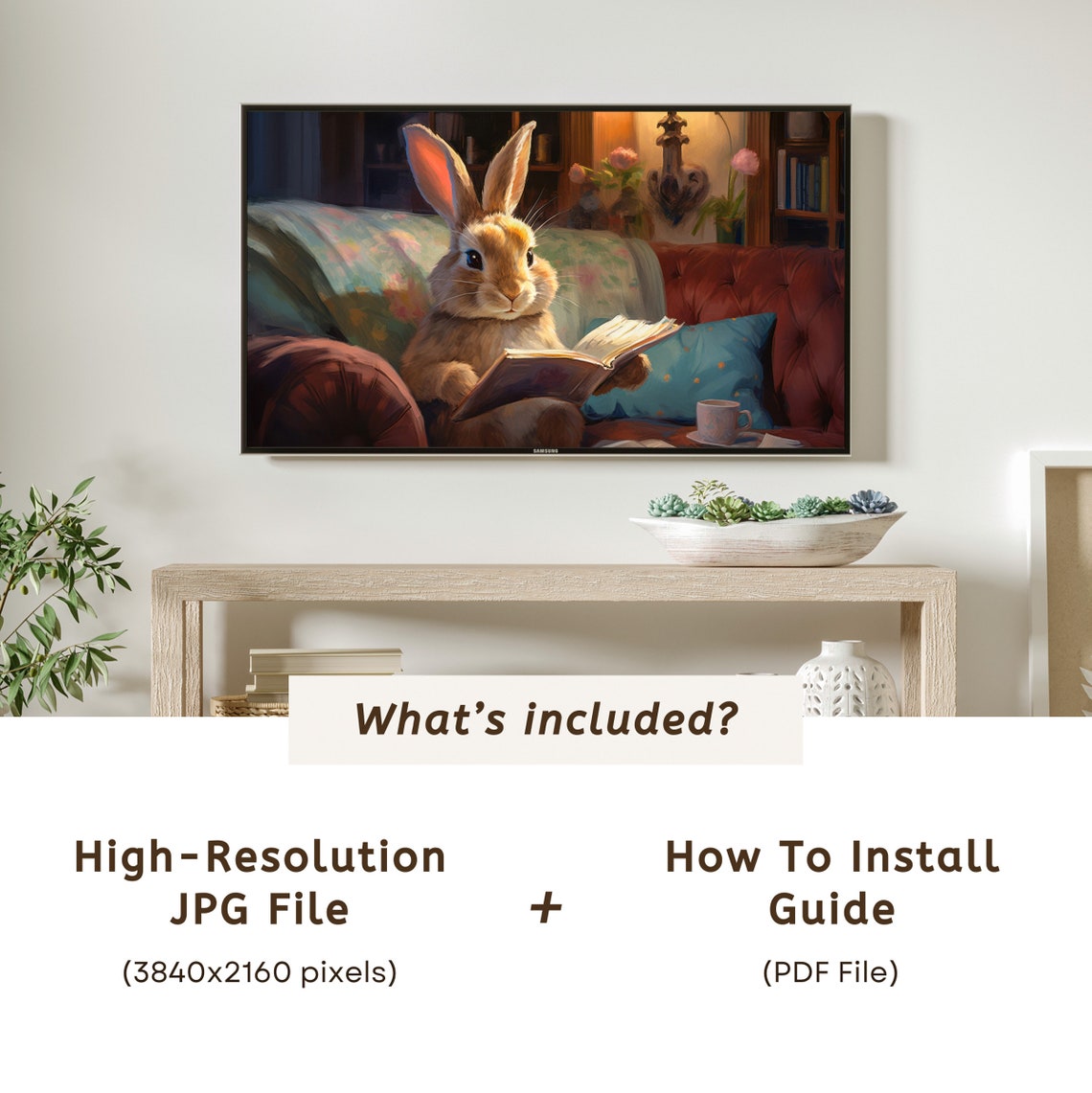 Cute Bunny Reading Book On Cozy Couch In Warm Library Scene Poster - Image 6