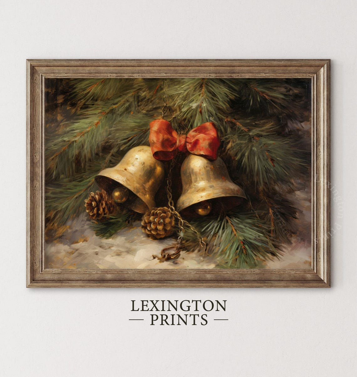 Vintage Brass Christmas Bells Pinecones Red Bow Rustic Wall Art - Image 6