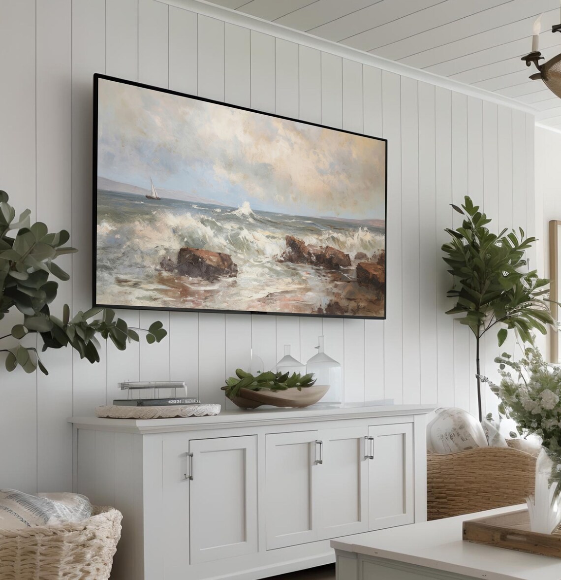 Crashing Ocean Waves Rocky Shore Sailboat Seascape Painting Poster - Image 3