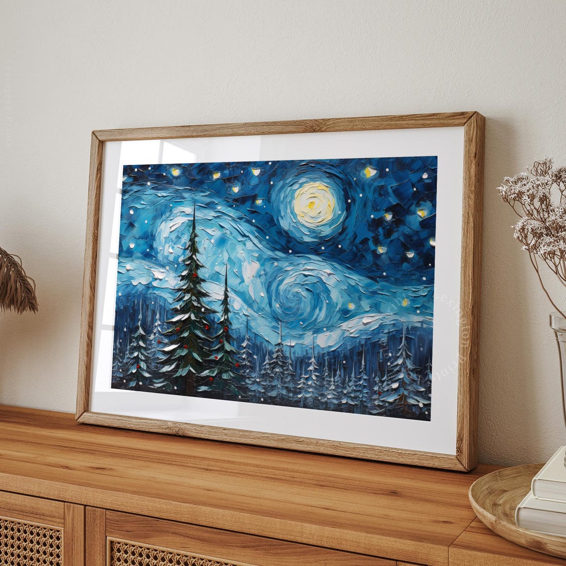 Starry Night Christmas Trees Snowy Forest Swirling Blue Sky Poster - Image 4