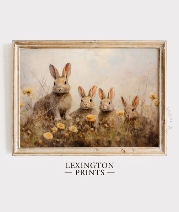 Spring Bunny Rabbits Spring Decor Vintage Farmhouse Print Vintage Rabbit Painting Spring Print Moody Spring Wall Art Wildflower Art 583