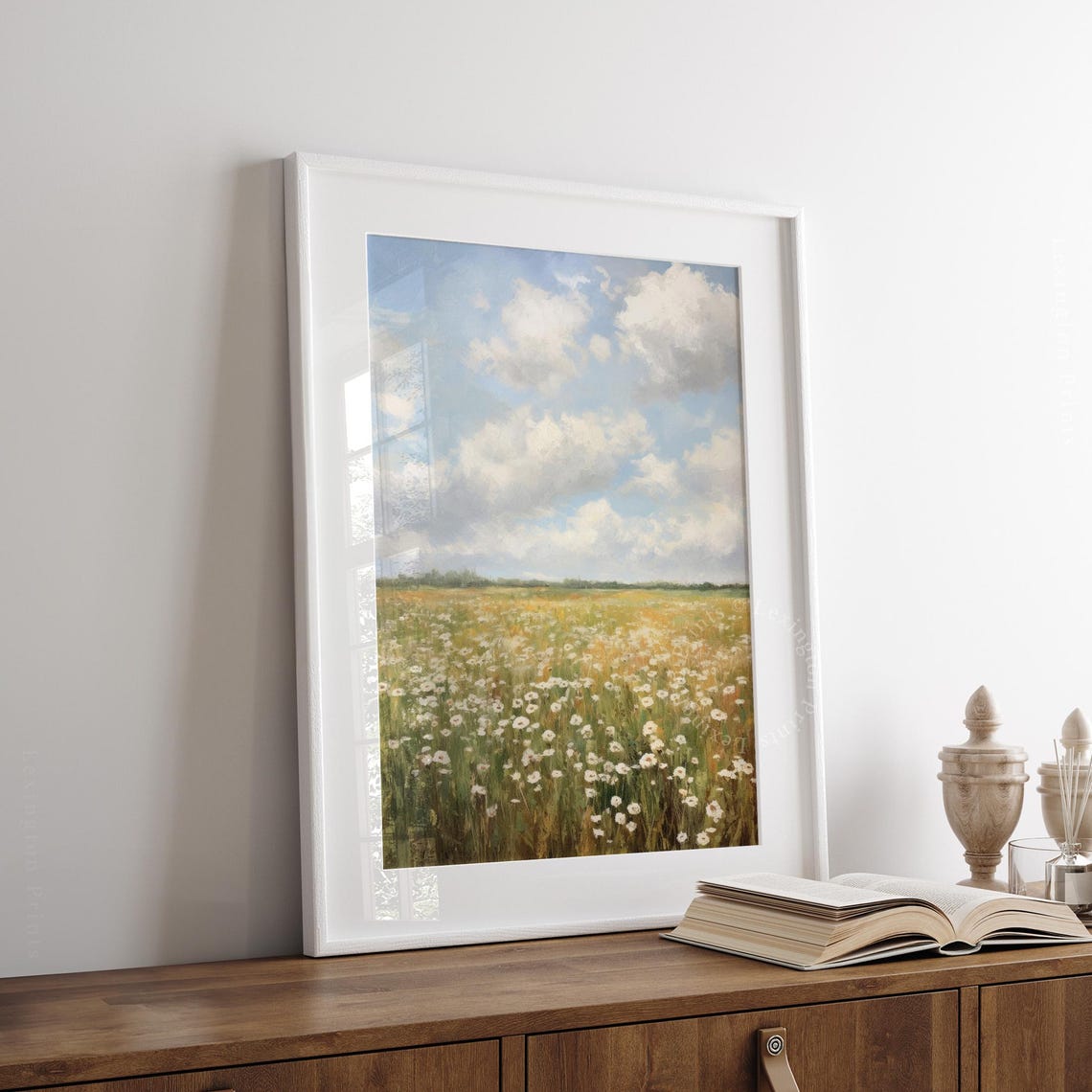 White Daisy Meadow Bright Blue Sky Clouds Cheerful Spring Field Poster - Image 4