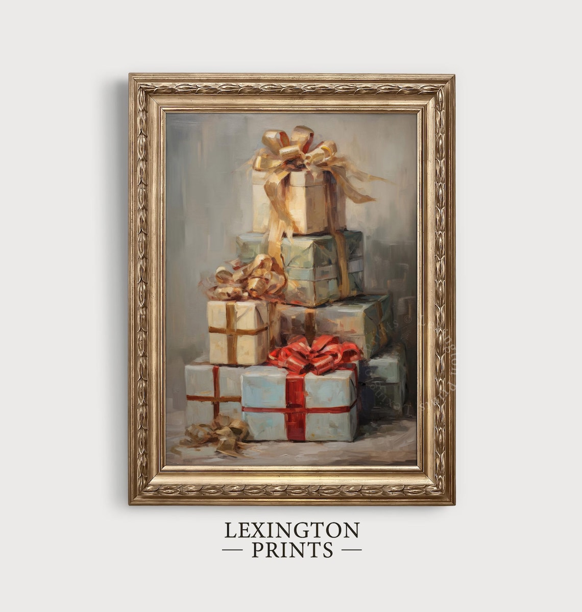 Stack of Elegant Wrapped Gifts Gold Red Ribbons Neutral Holiday Poster - Image 4