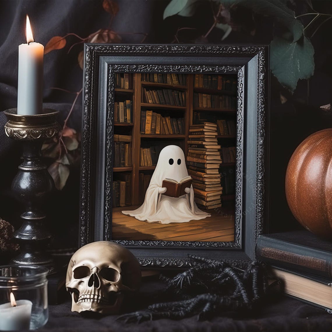 Cute Ghost Reading Book in Cozy Library Vintage Halloween Wall Art - Image 7