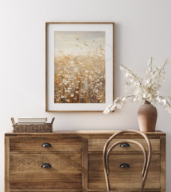 Wildflower Field Landscape Vintage Painting Moody Spring Print Farmhouse Print Neutral Wall Art Spring Art Fall Decor Autumn 620