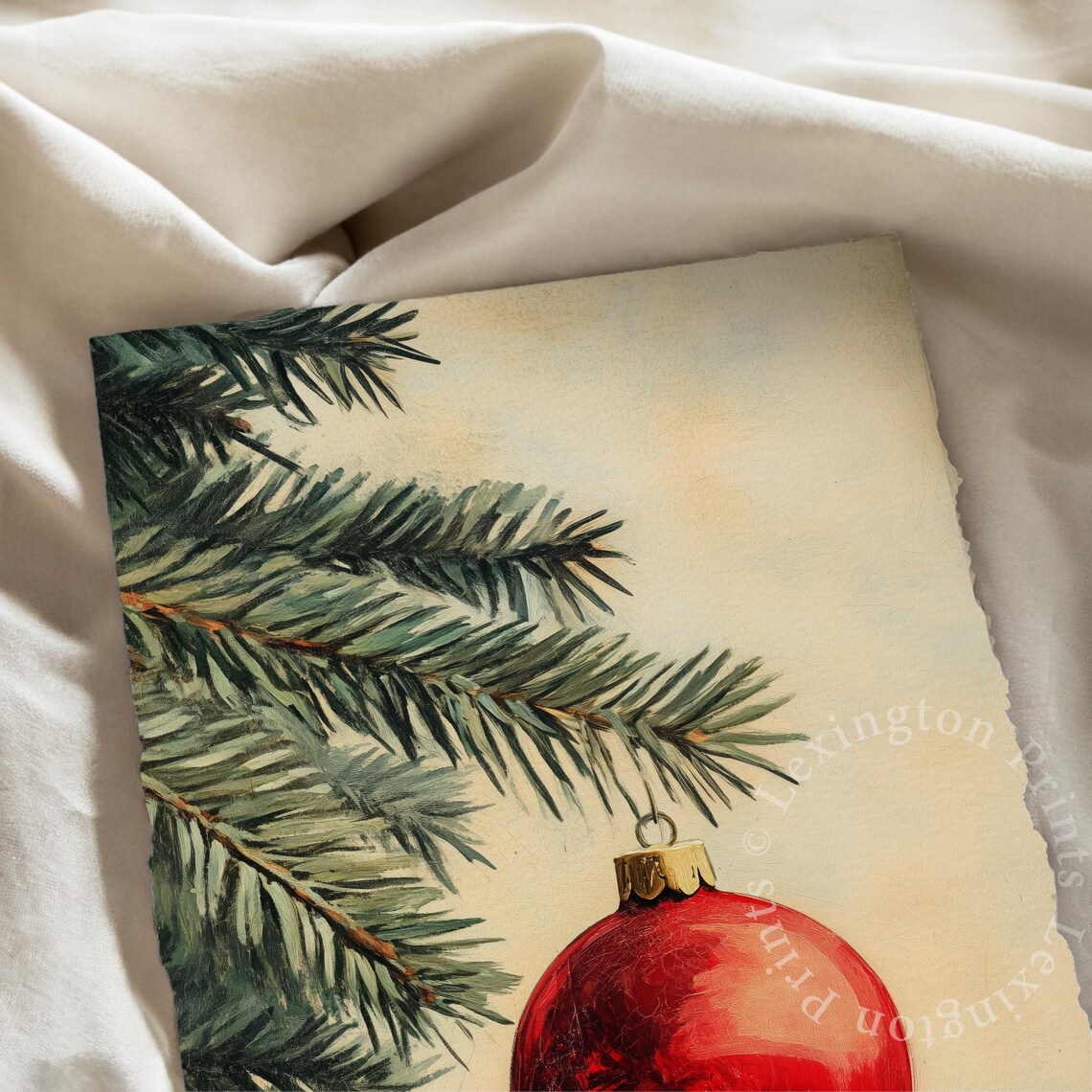 Single Red Christmas Ornament on Pine Branch Minimalist Vintage Poster - Image 6