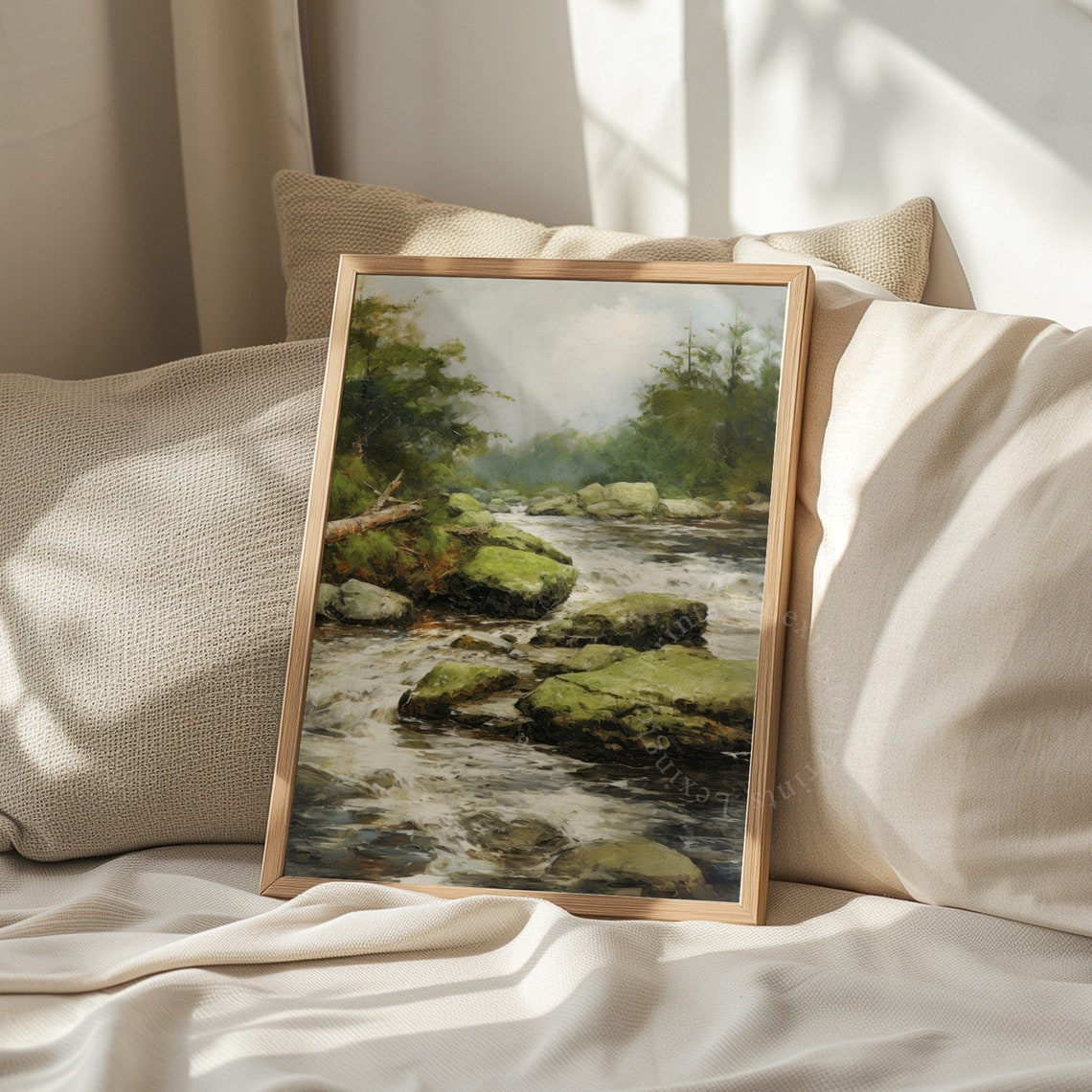 Rustic Forest Stream Mossy Rocks Vintage Oil Painting Landscape Print - Image 4