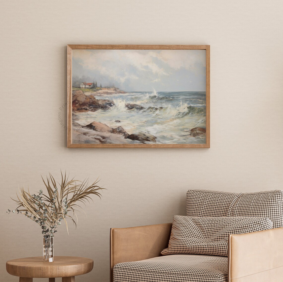 Rocky Coast with Crashing Waves Coastal Vintage Painting Poster - Image 3