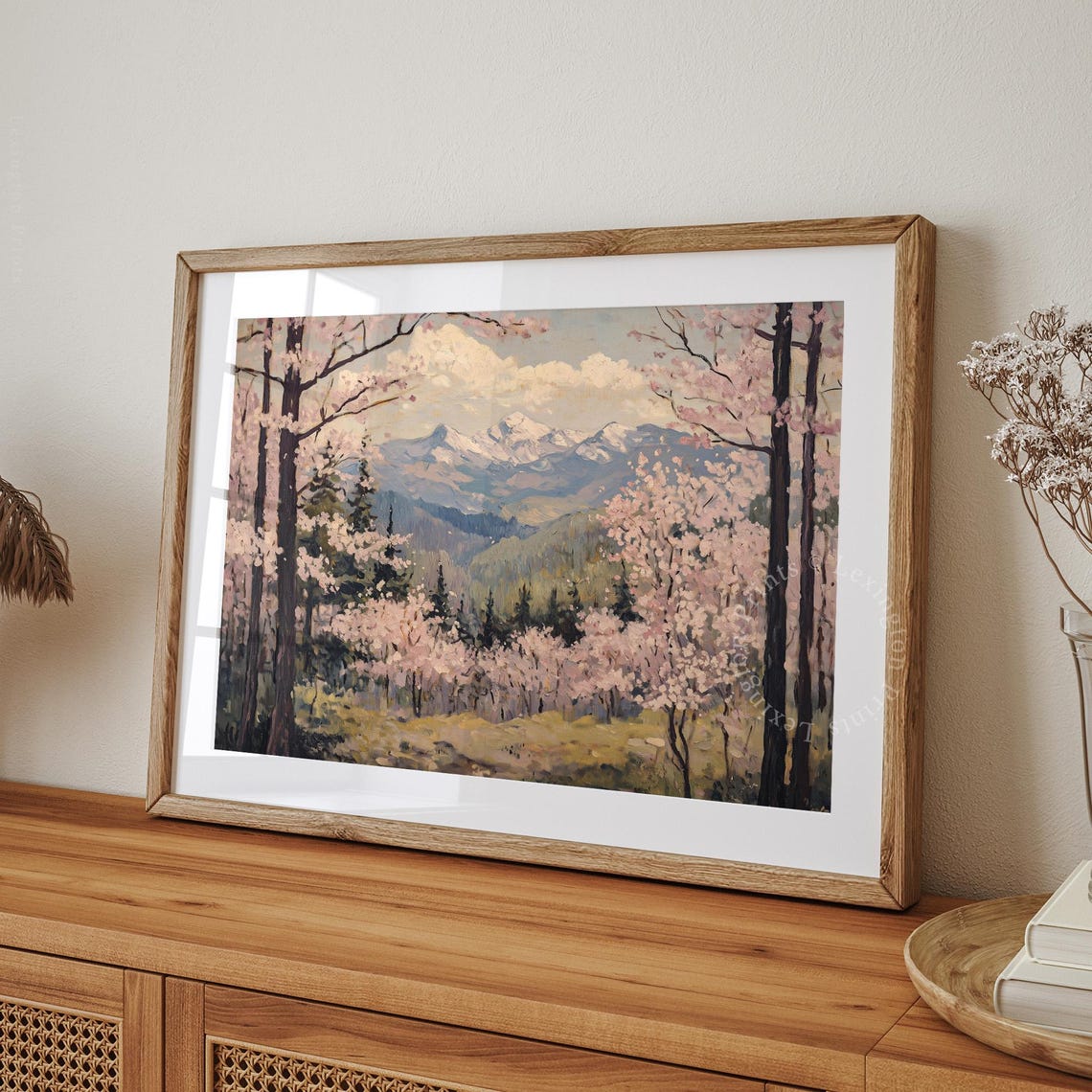 Cherry Blossom Grove with Dark Trunks and Snowy Peaks Wall Art - Image 7