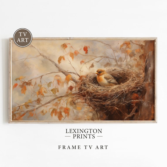 Small Bird in Nest on Autumn Branch Frame TV Art Nature Print