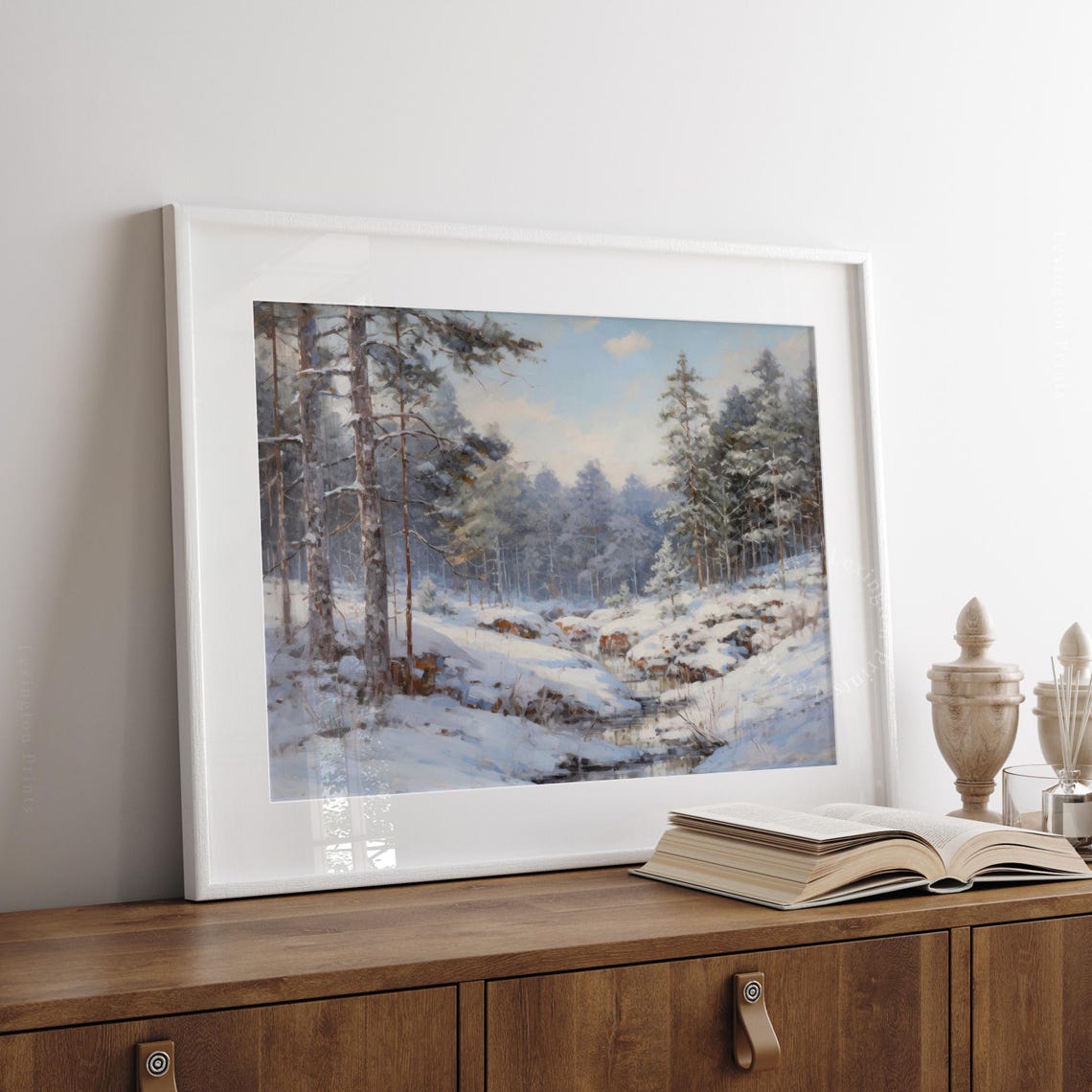 Frozen Creek Snowy Pine Forest Blue Winter Landscape Painting Poster - Image 3