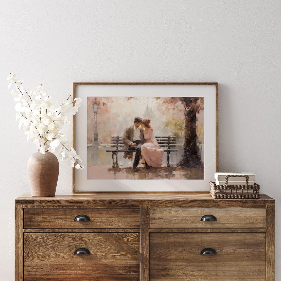 Romantic Couple on Park Bench Under Autumn Tree Watercolor Art Print - Image 4