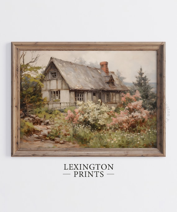 Rustic Old Cottage Pink Flower Garden Vintage Oil Painting Wall Art