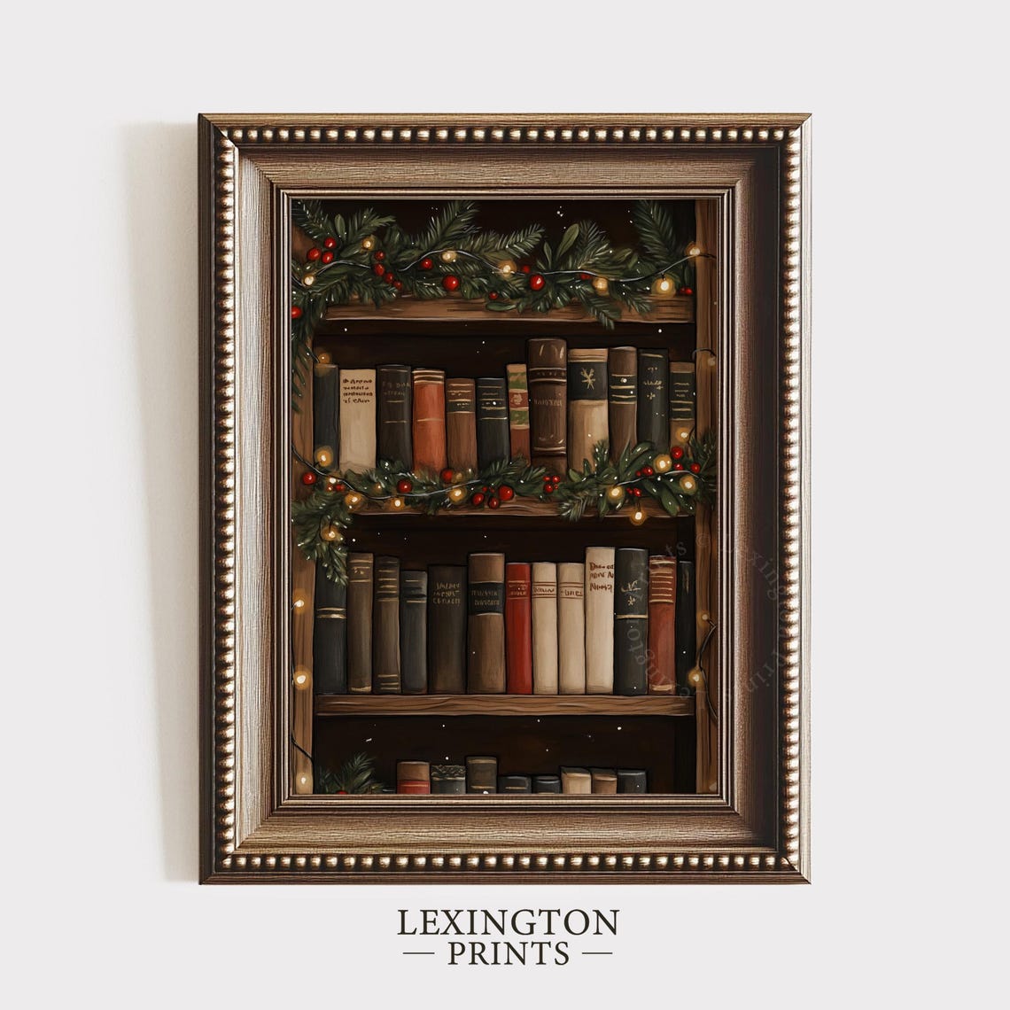 Christmas Bookshelf With Pine Garland And Twinkle Lights Cozy Poster - Image 4