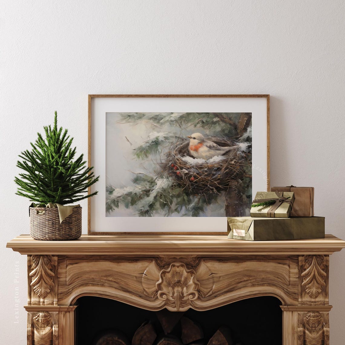 Small Bird in Snowy Nest on Pine Branch Winter Painting Poster - Image 4