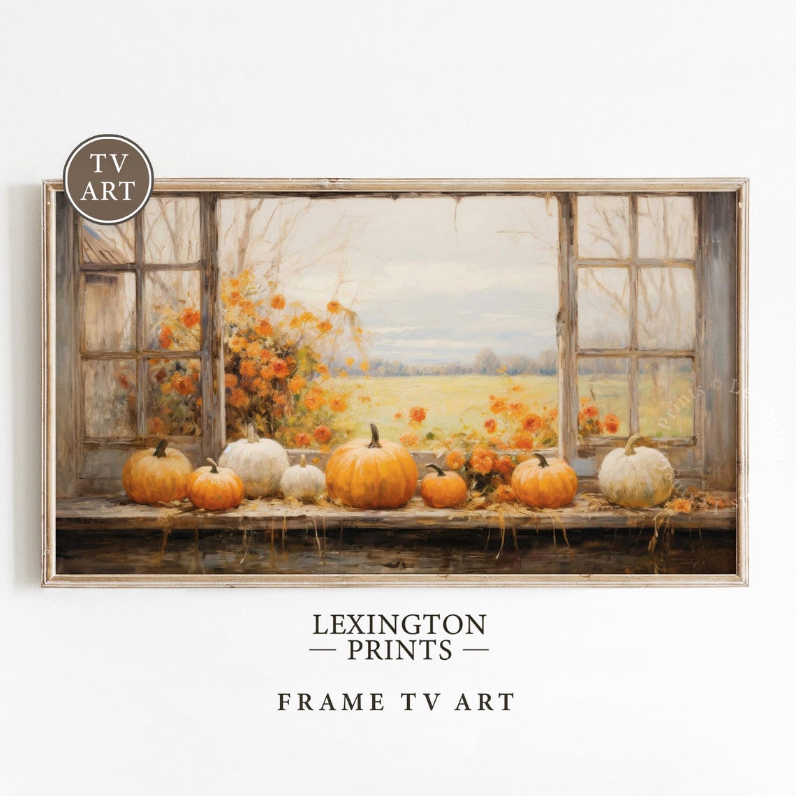 Pumpkins on Rustic Window Sill with Autumn Flowers Fall Harvest Poster