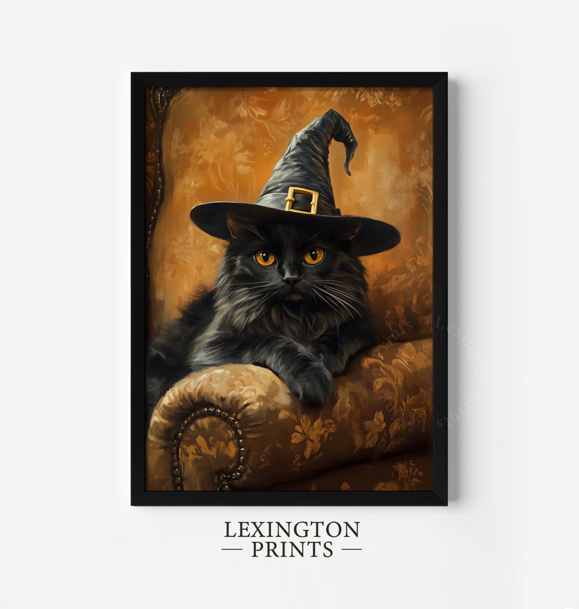 Black Cat Wearing Witch Hat on Velvet Chair Halloween Vintage Wall Art - Image 6