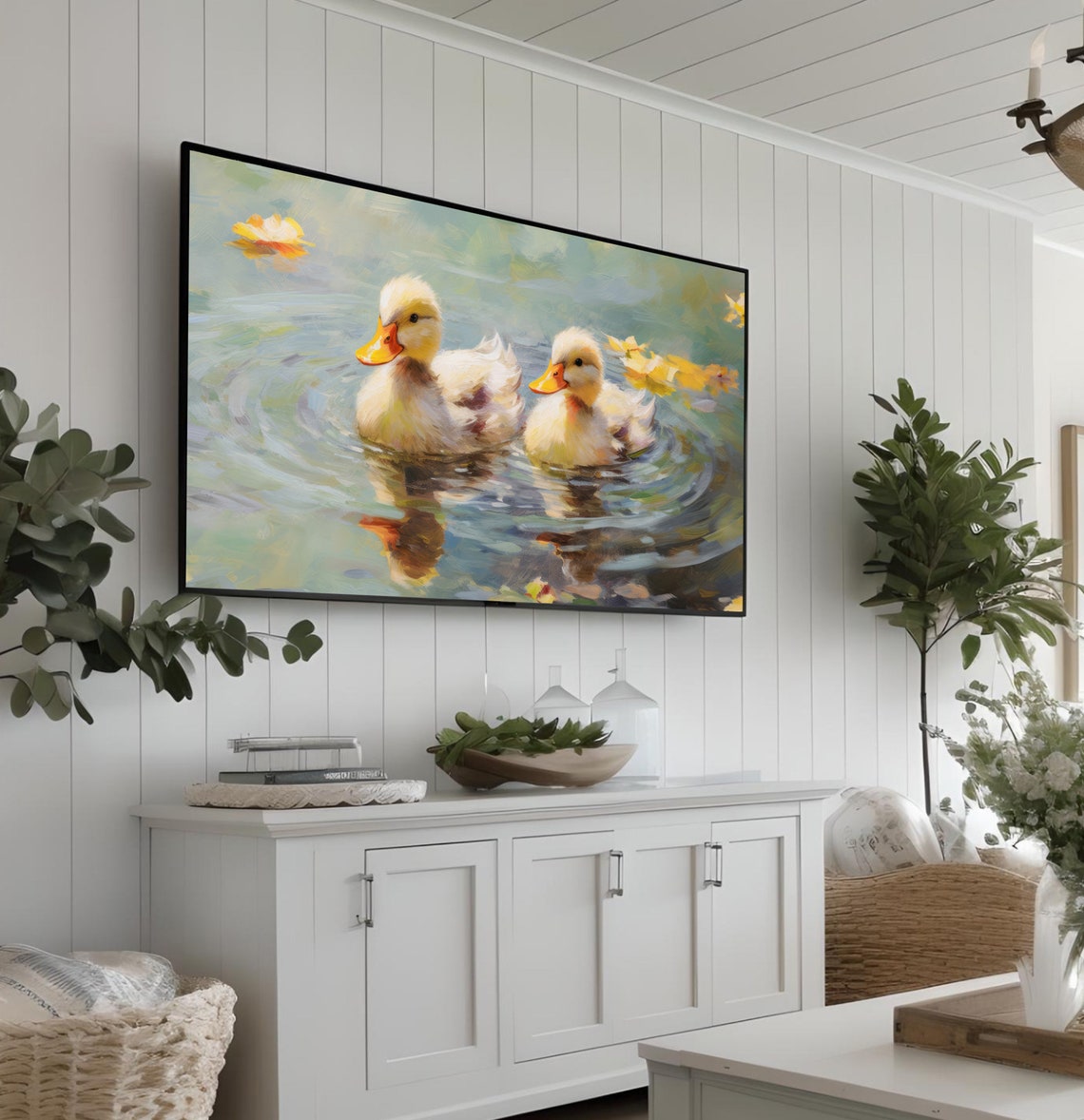 Two Ducklings Swimming on an Autumn Pond with Golden Leaves Poster - Image 3