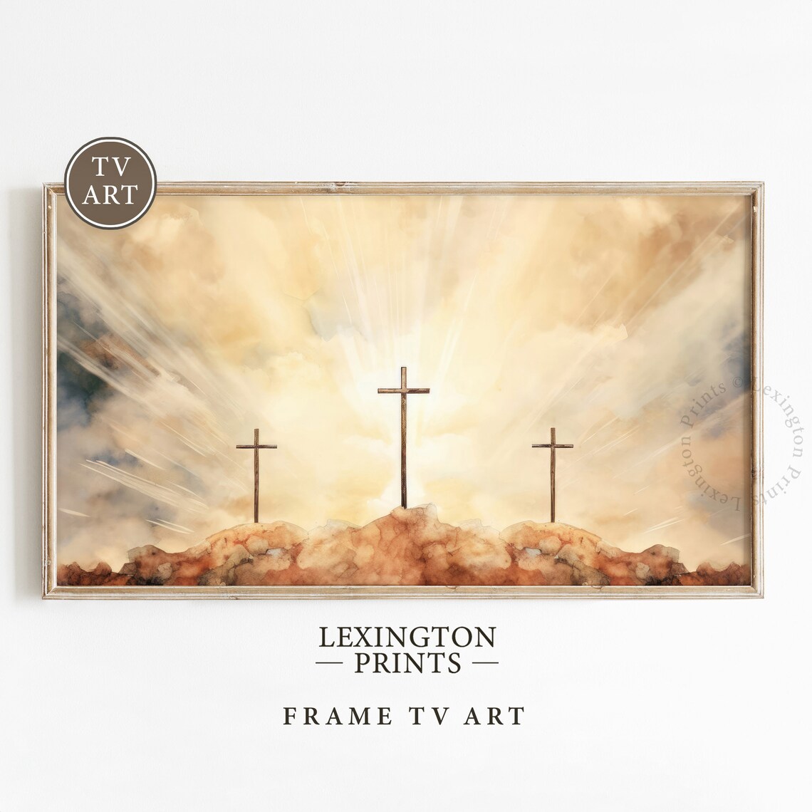 Three Crosses Of Calvary Golden Sunrise Watercolor Frame TV Art Poster