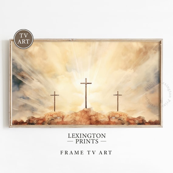 Three Crosses Of Calvary Golden Sunrise Watercolor Frame TV Art Poster