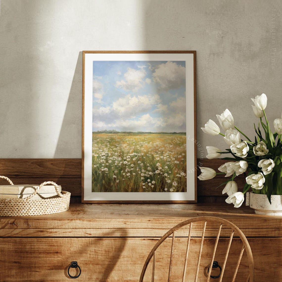 White Daisy Meadow Bright Blue Sky Clouds Cheerful Spring Field Poster - Image 2
