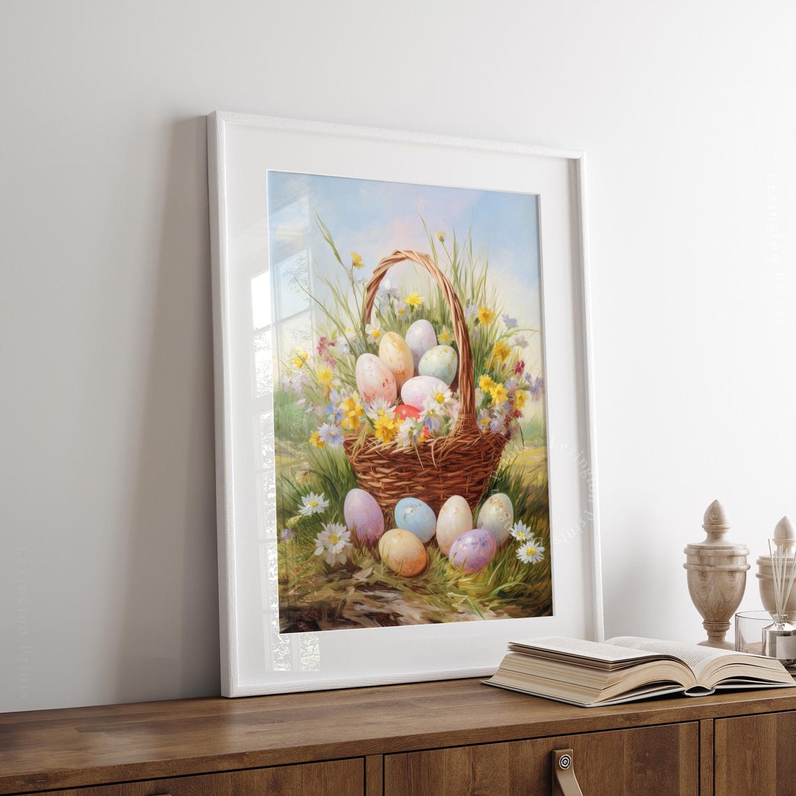 Pastel Easter Eggs in Wicker Basket With Spring Flowers Art Print - Image 7