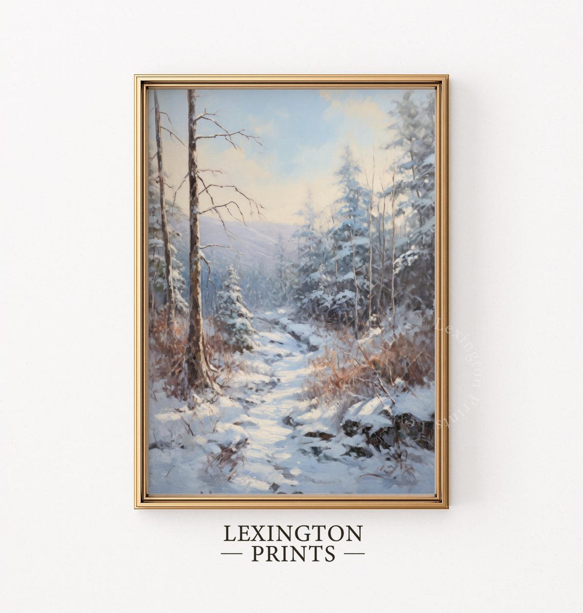 Sunlit Snowy Woodland Path Tall Pines Winter Painting Poster - Image 5