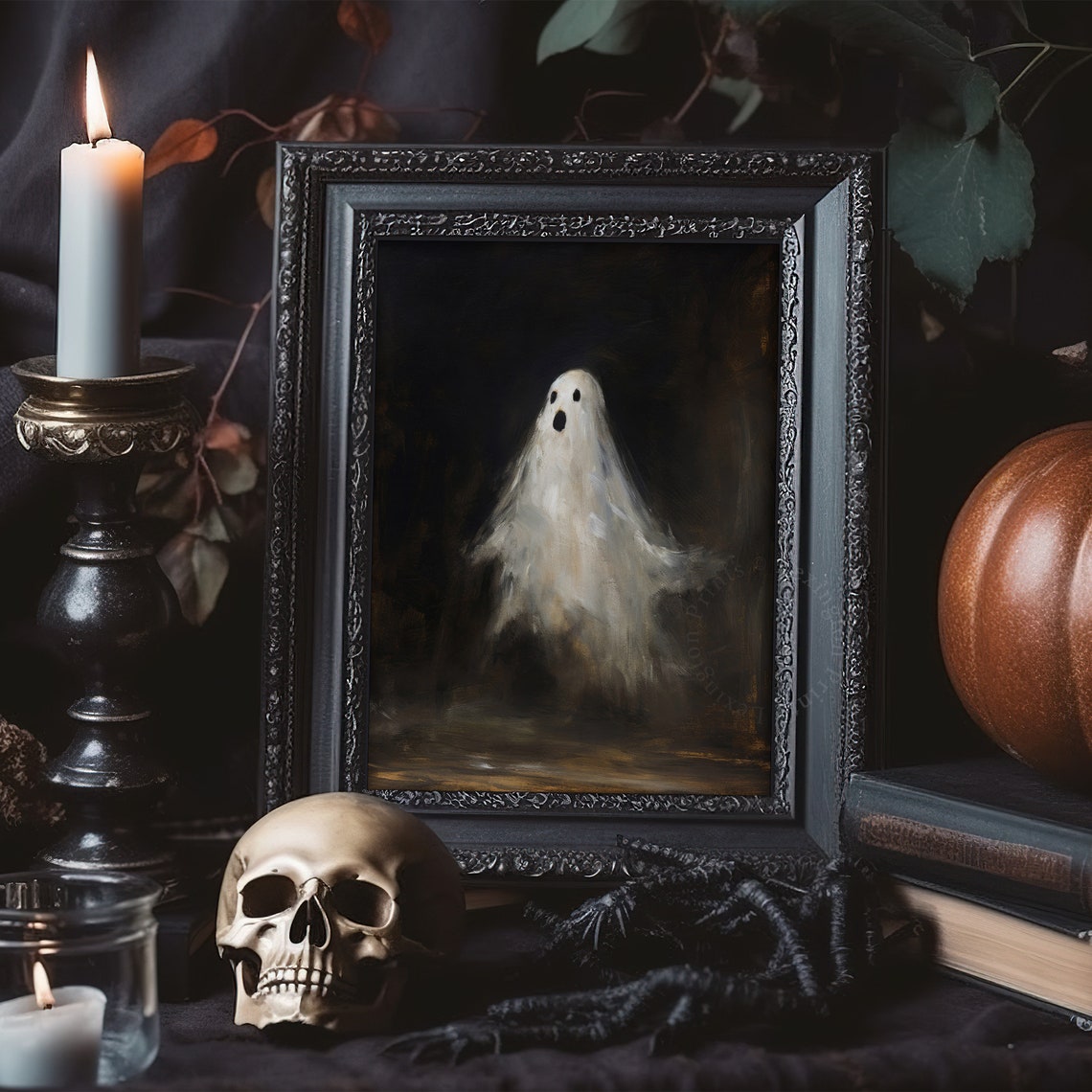 Surprised Little Ghost Floating in Dark Moody Halloween Wall Art - Image 6