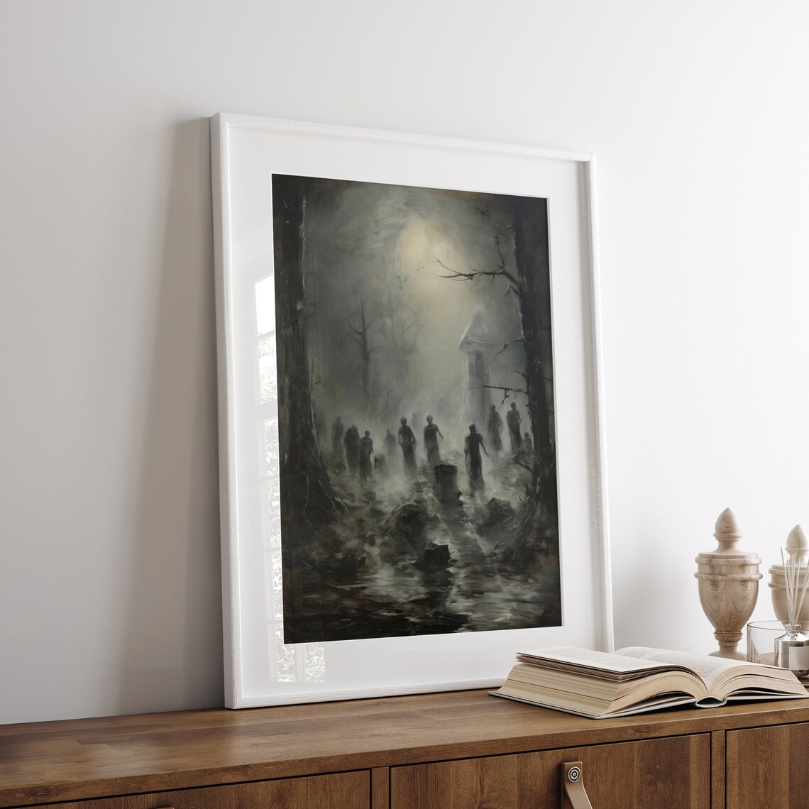 Ghostly Figures In Foggy Graveyard Misty Monastery Dark Gothic Painting Poster - Image 4
