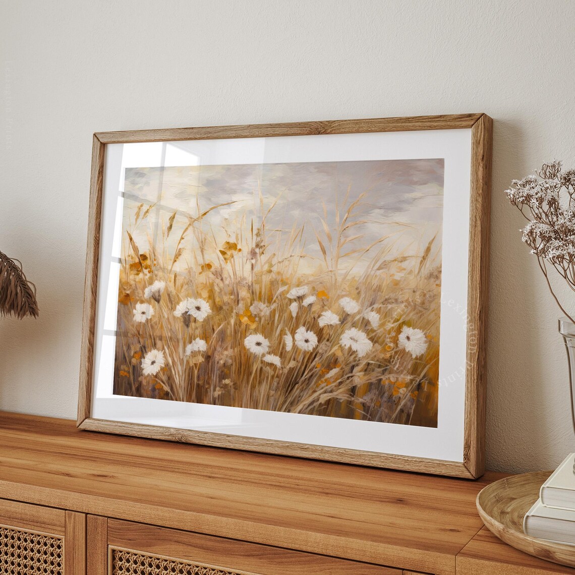 White Wildflowers in Golden Summer Wheat Field Meadow Poster - Image 8