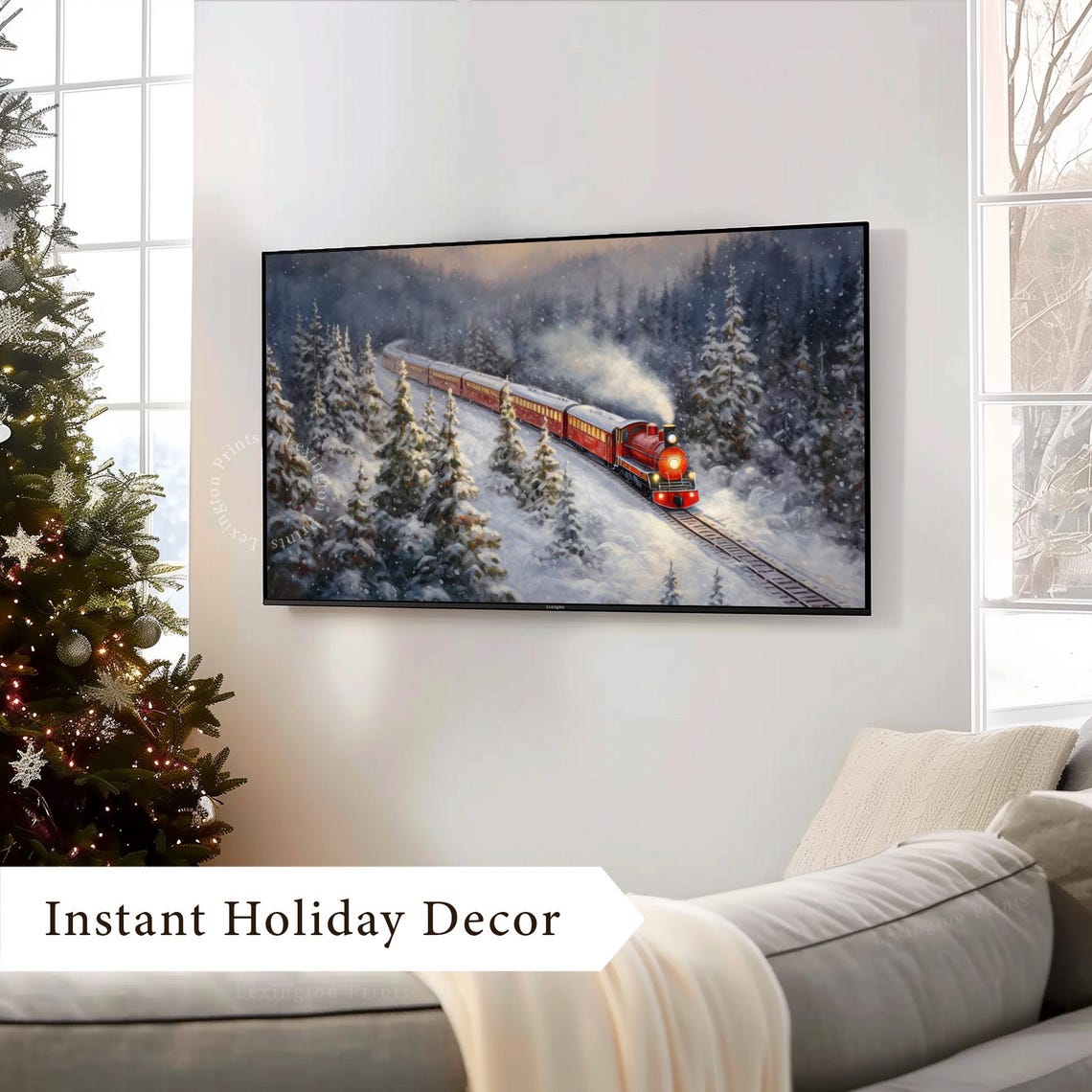 Red Christmas Steam Train Snowy Winter Forest Holiday Frame TV Poster - Image 3