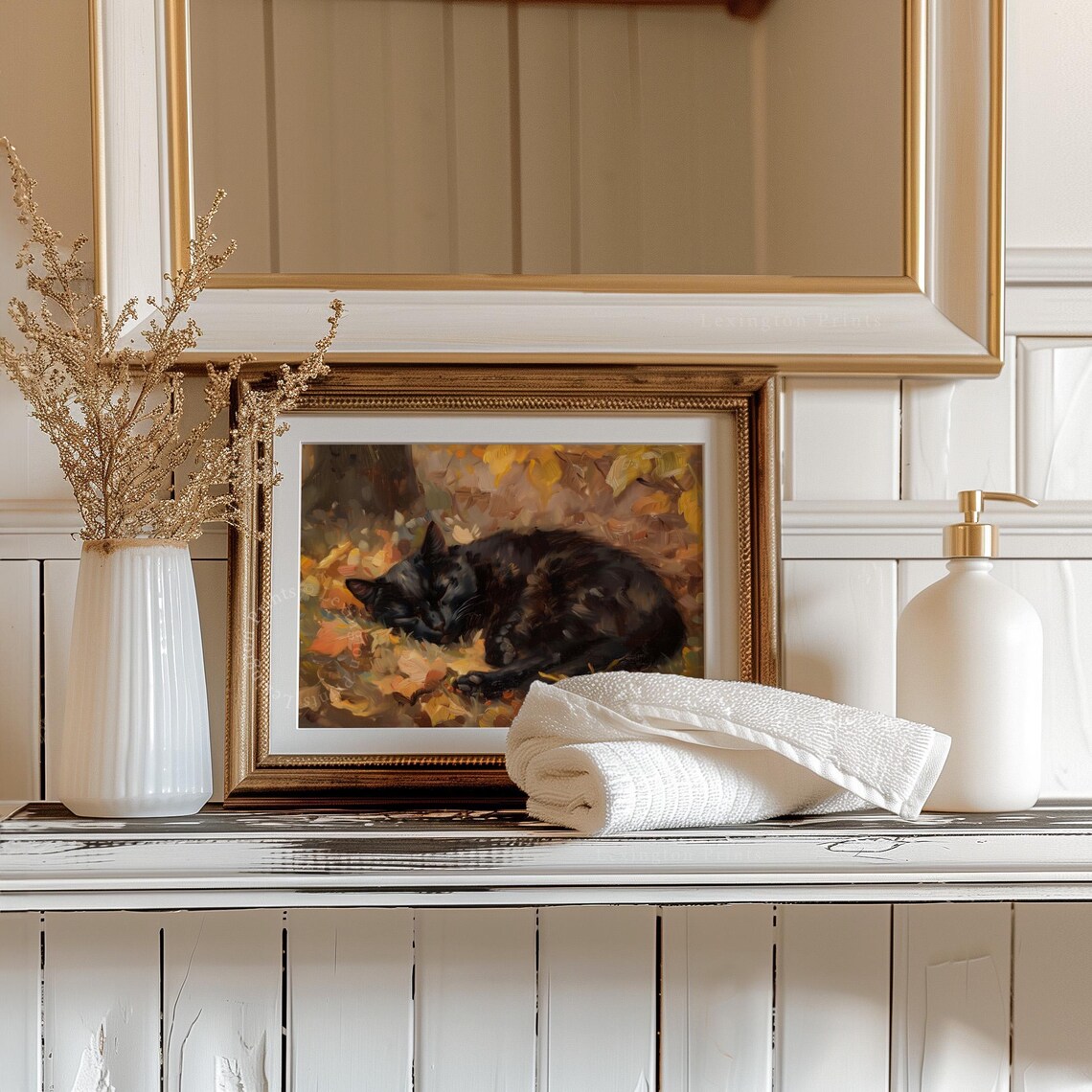 Sleeping Black Cat in Autumn Leaves Cozy Fall Oil Painting Wall Art - Image 5