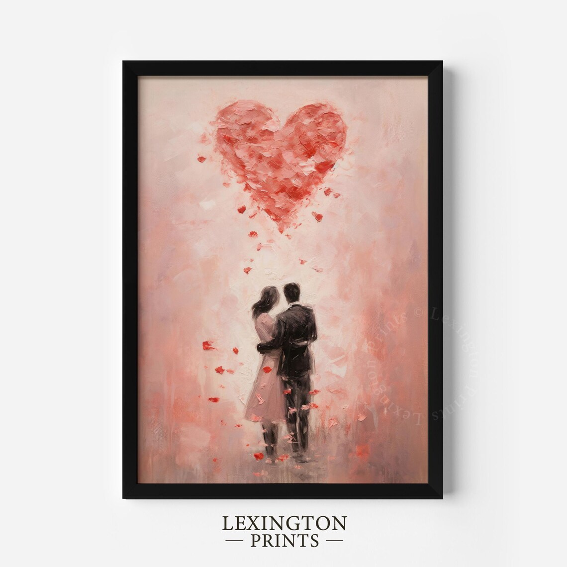 Embracing Couple Beneath Heart of Rose Petals Romantic Art Print - Image 5