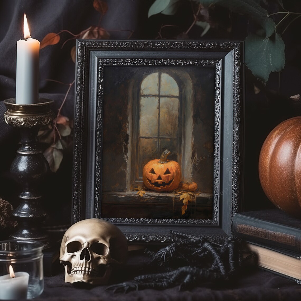 Jack-o-Lantern on Dark Arched Window Sill Moody Oil Painting Poster - Image 5