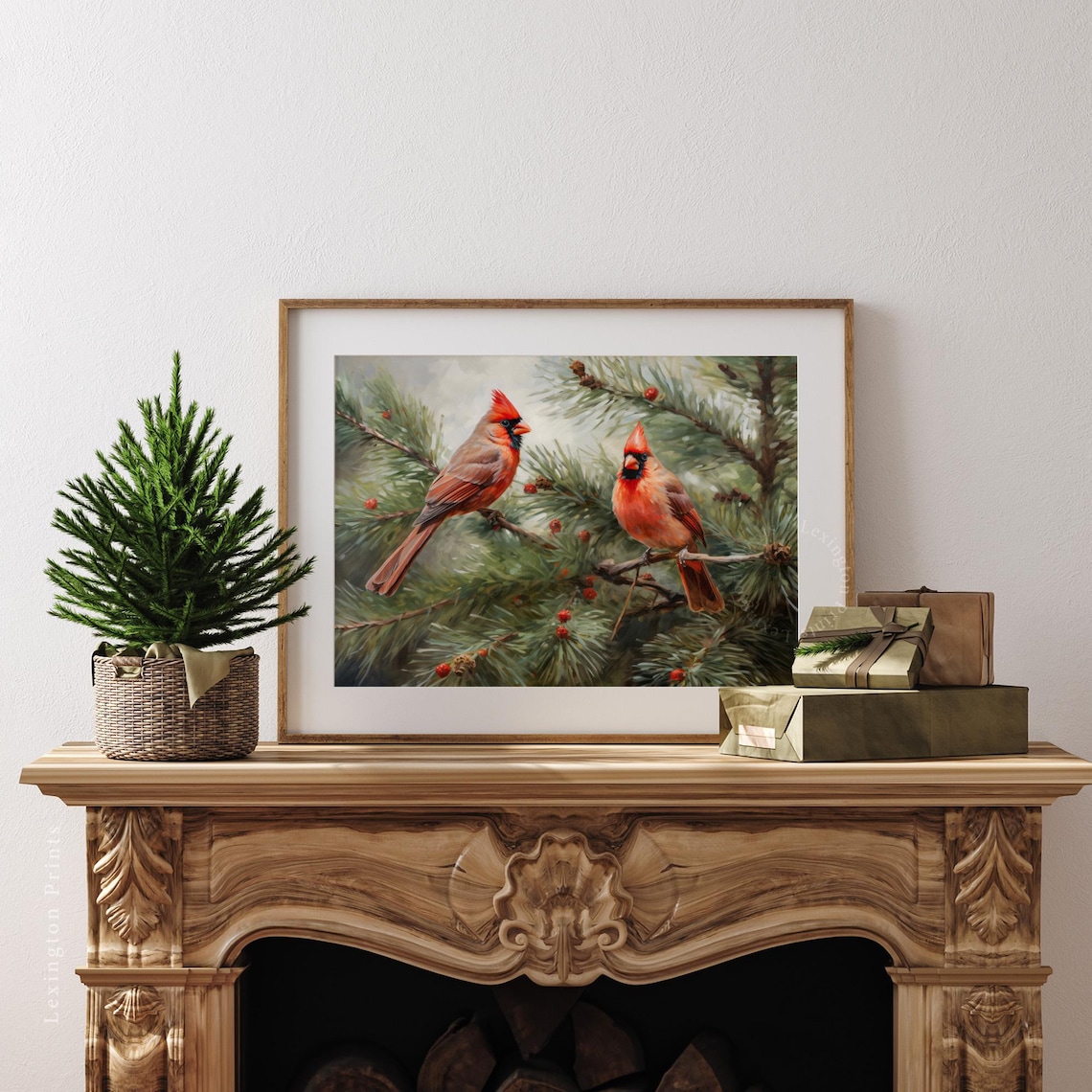 Red Cardinals Pine Branch Berries Winter Bird Painting Poster - Image 3
