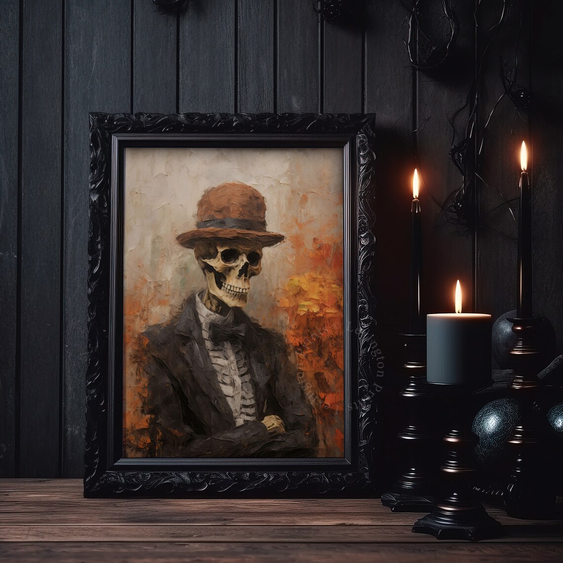 Skeleton in Bowler Hat and Suit Vintage Portrait Halloween Wall Art - Image 5