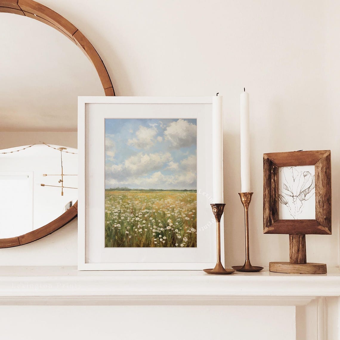 White Daisy Meadow Bright Blue Sky Clouds Cheerful Spring Field Poster - Image 3