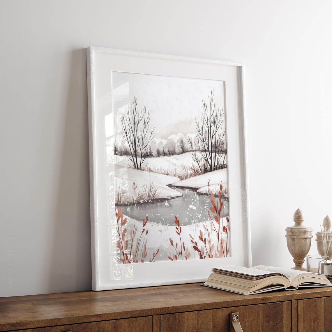 Snowy Winter Stream Bare Trees Watercolor Landscape Painting Poster - Image 7