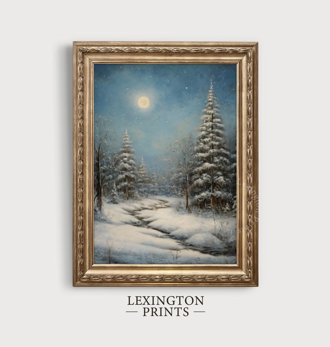 Snowy Winter Forest Night Full Moon Christmas Landscape Wall Art - Image 2