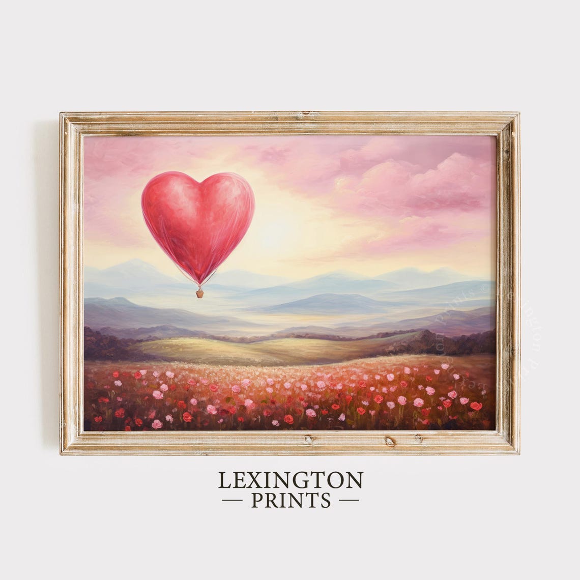 Red Heart Hot Air Balloon Floating Over Pink Flower Field Art Print