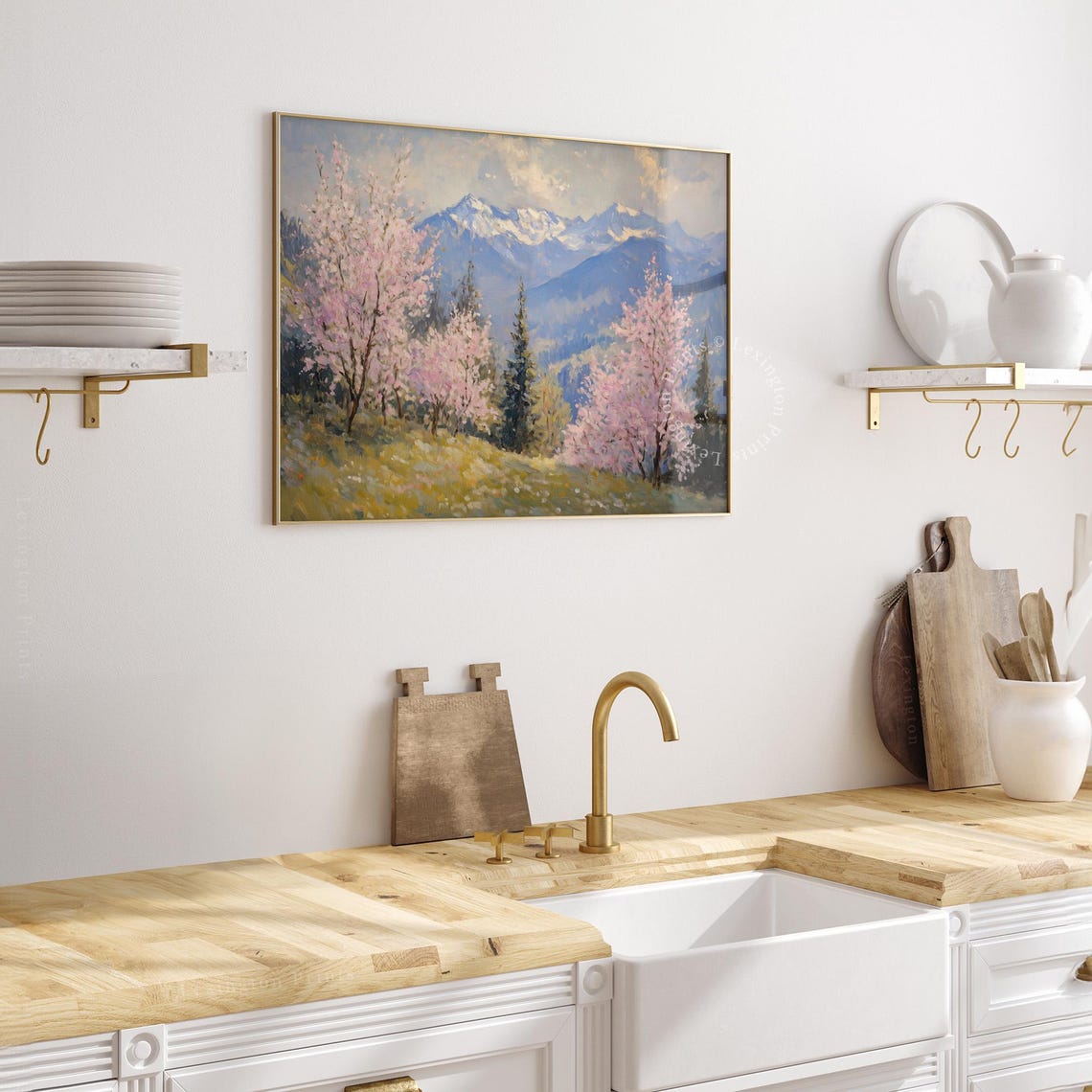 Pink Cherry Blossom Trees with Snowy Mountain Backdrop Wall Art - Image 4