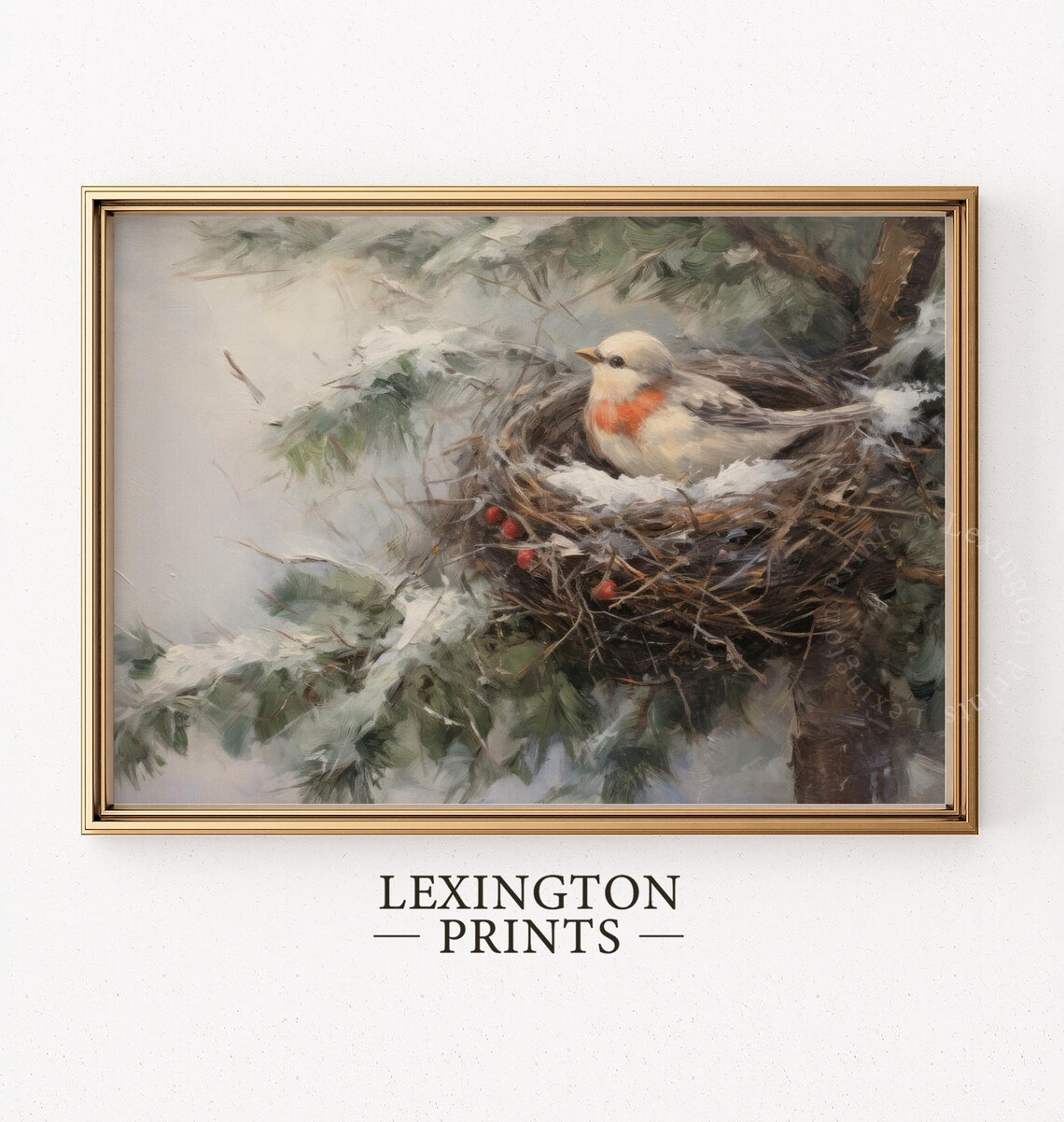 Small Bird in Snowy Nest on Pine Branch Winter Painting Poster - Image 6