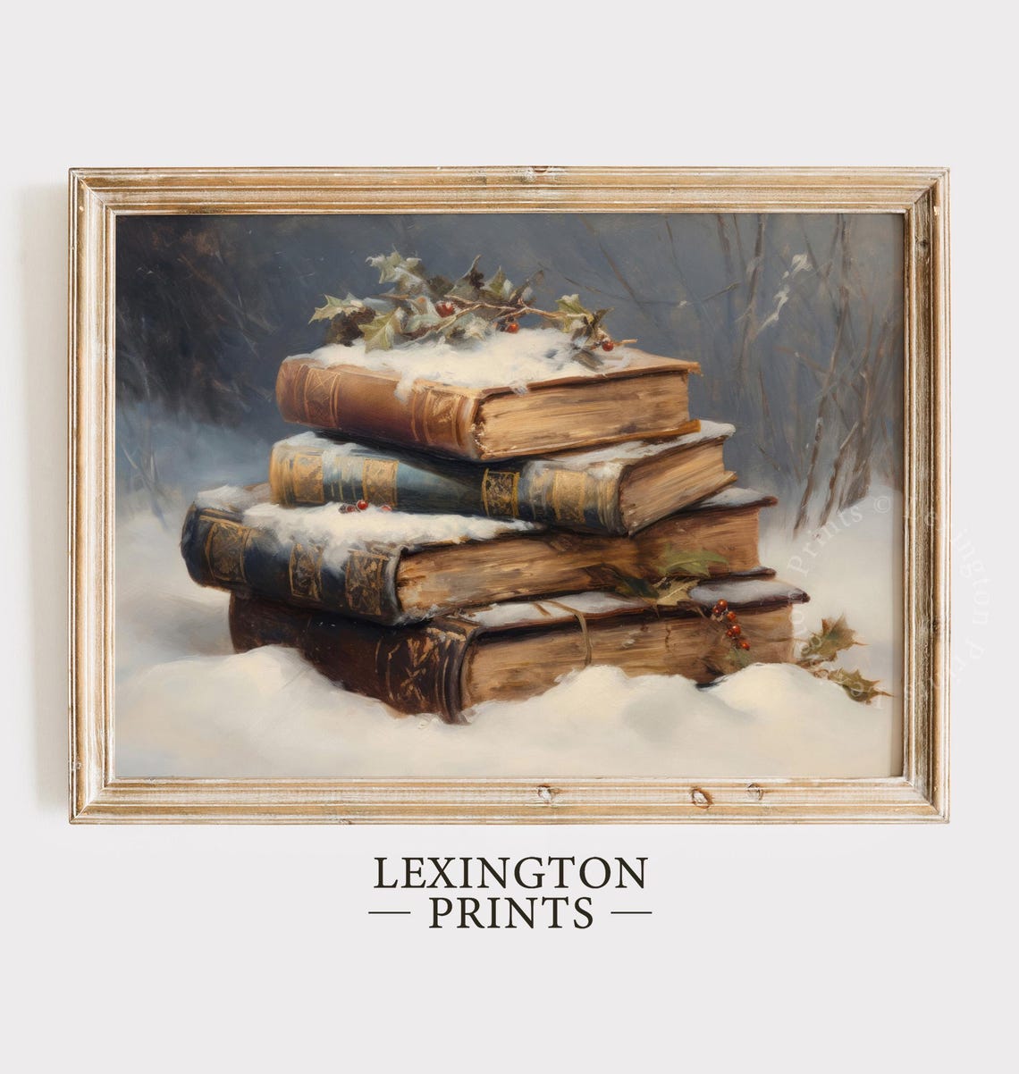 Stacked Old Books in Snow with Holly Winter Reading Decor Poster
