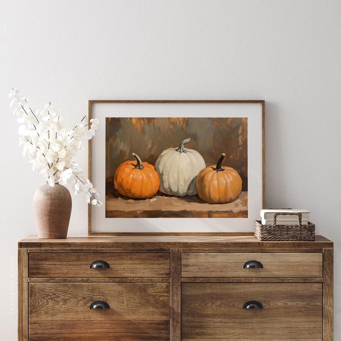 Three Orange and White Pumpkins Still Life Oil Painting Fall Poster - Image 5